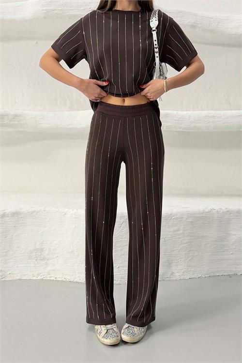 Kadın Kahverengi Çizgili Taş Detaylı Pantolon Tişört Takım ESR028 