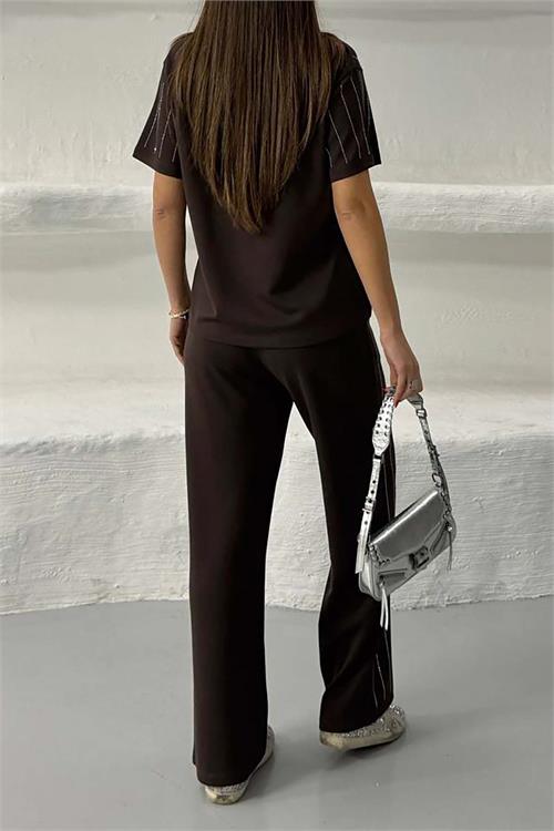 Kadın Kahverengi Çizgili Taş Detaylı Pantolon Tişört Takım ESR028 