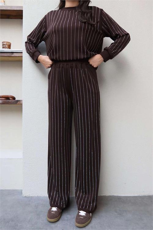 Kadın Kahve Taş Detaylı Işıltılı İkili Takım – Sweat & Pantolon ESR015 