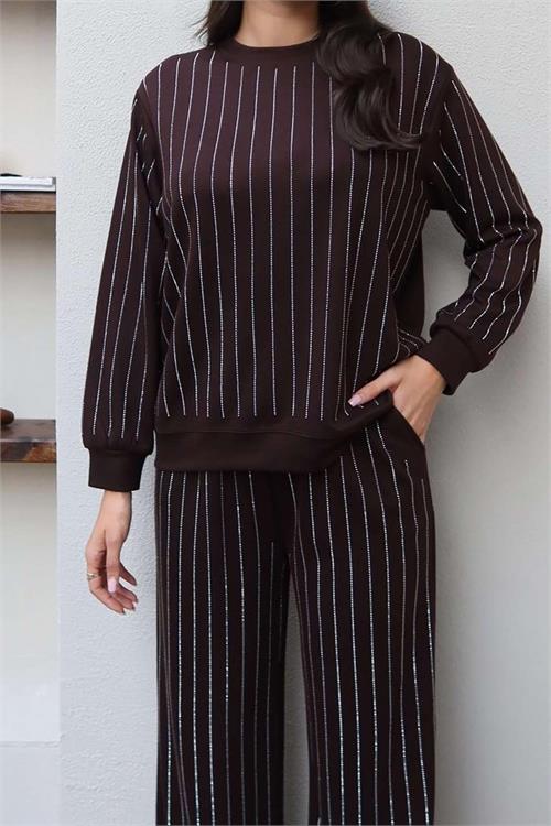 Kadın Kahve Taş Detaylı Işıltılı İkili Takım – Sweat & Pantolon ESR015 