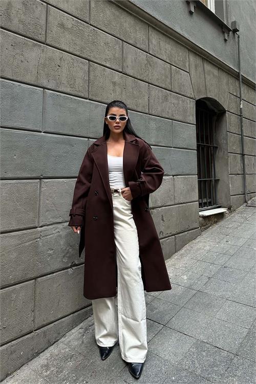 Kadın Kahve Kuşaklı Rahat Kalıp Astarlı Kaban | Şık Model ESR002 