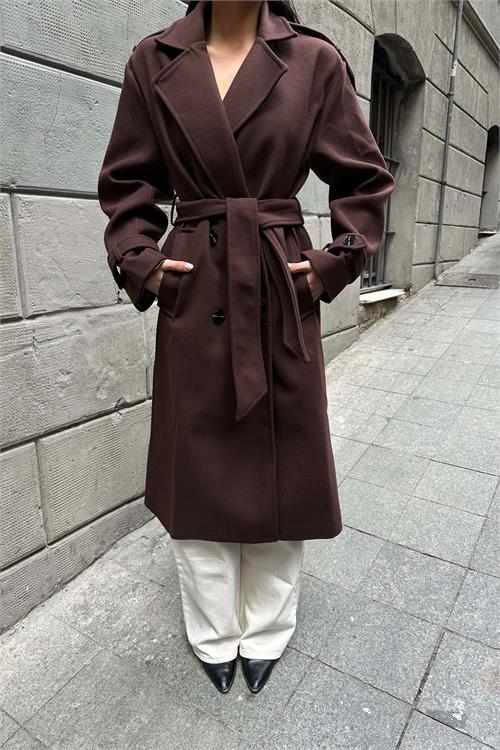 Kadın Kahve Kuşaklı Rahat Kalıp Astarlı Kaban | Şık Model ESR002 