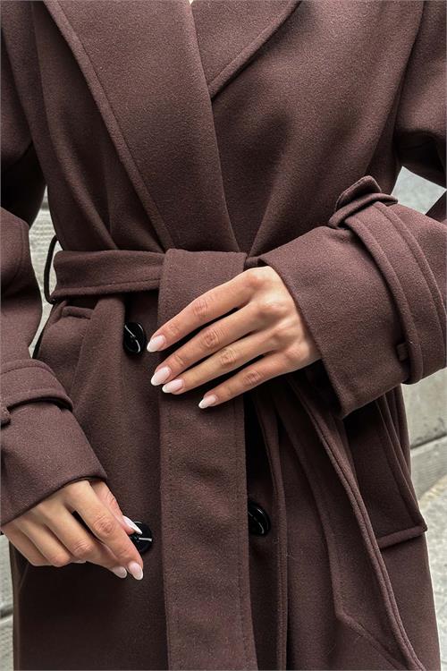 Kadın Kahve Kuşaklı Rahat Kalıp Astarlı Kaban | Şık Model ESR002 