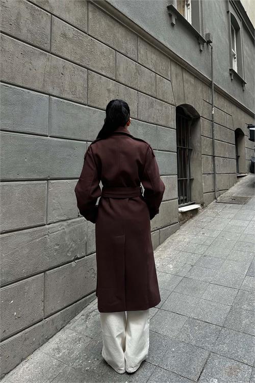 Kadın Kahve Kuşaklı Rahat Kalıp Astarlı Kaban | Şık Model ESR002 