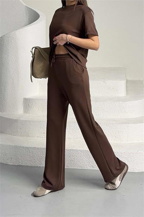 Kadın Kahverengi Modal Kumaş İkili Takım – Likralı Esnek ESR029 