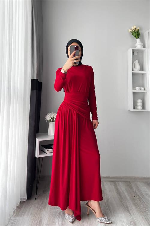 XXL Butik kadın kırmızı likralı drapeli tesettür elbise X-NMS047 