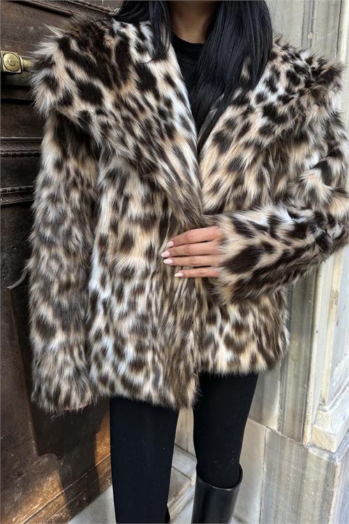 Kadın Leopar Desenli Oversize Suni Kürk Çıt Çıtlı Astarlı Kaban ESR004 
