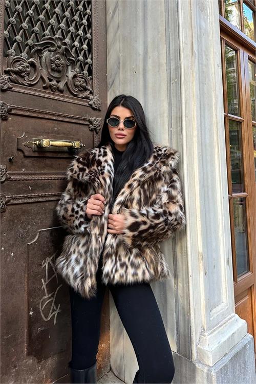 Kadın Leopar Desenli Oversize Suni Kürk Çıt Çıtlı Astarlı Kaban ESR004 