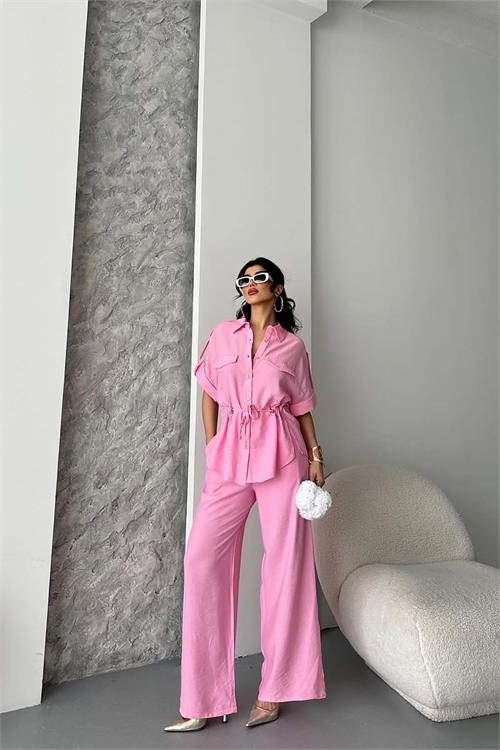 Kadın Pudra Keten Kumaş Ön Bağlamalı Takım ESR088 