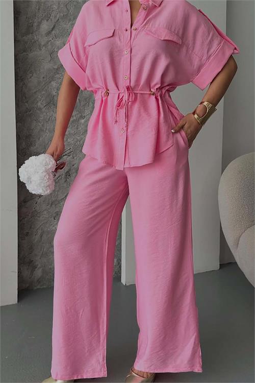 Kadın Pudra Keten Kumaş Ön Bağlamalı Takım ESR088 