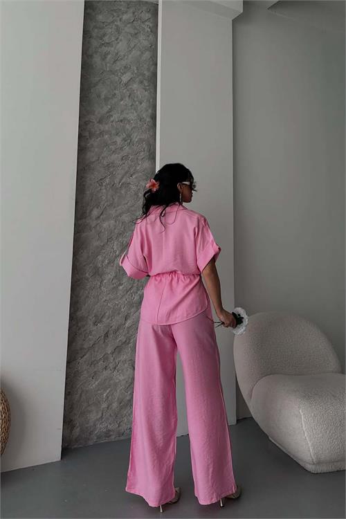 Kadın Pudra Keten Kumaş Ön Bağlamalı Takım ESR088 