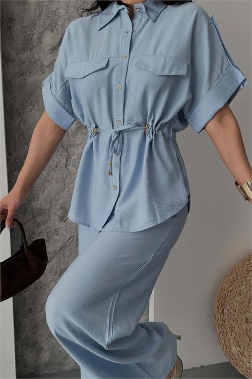 Kadın Mavi Keten Kumaş Ön Bağlamalı Takım ESR088 