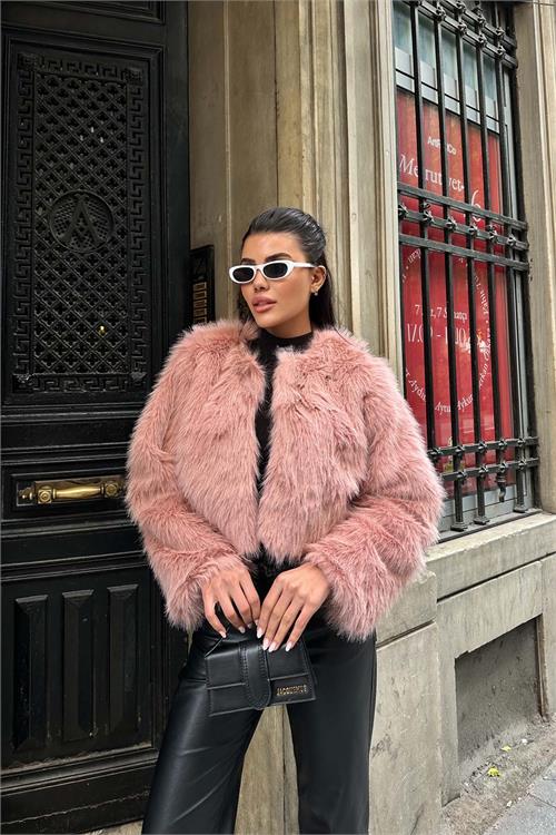 Kadın Pembe Yumuşak Dokulu Kısa Kürk Mont ESR008 