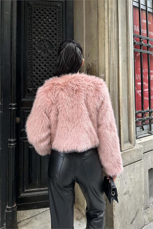 Kadın Pembe Yumuşak Dokulu Kısa Kürk Mont ESR008 