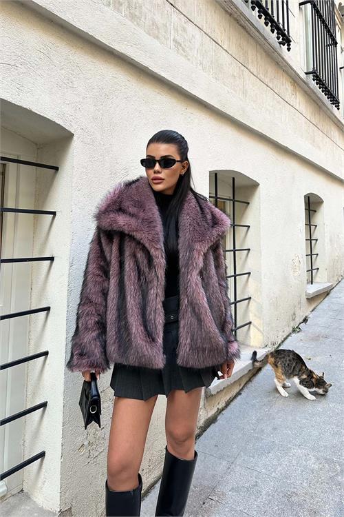 Kadın Pembe Oversize Kürk Kaban Çıtçıtlı Cepli Astarlı ESR014 