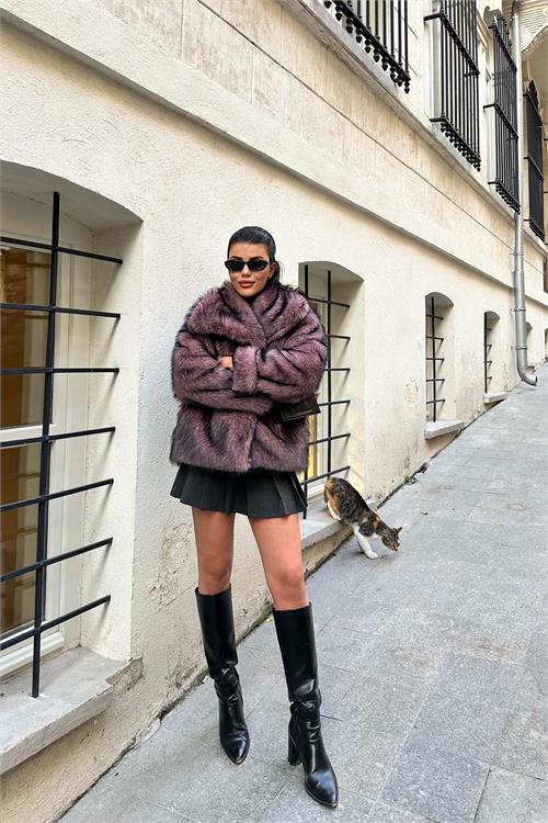 Kadın Pembe Oversize Kürk Kaban Çıtçıtlı Cepli Astarlı ESR014 