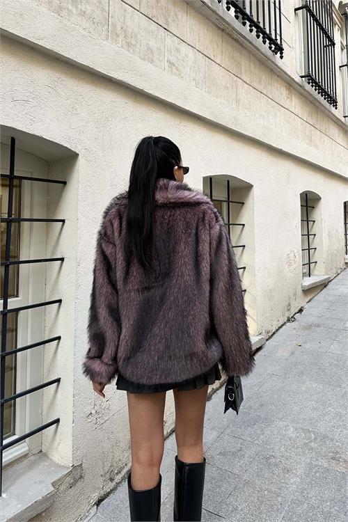 Kadın Pembe Oversize Kürk Kaban Çıtçıtlı Cepli Astarlı ESR014 