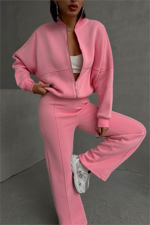 XXL Butik kadın şardonlu üç iplik eşofman takımı GTS018 - Pembe 