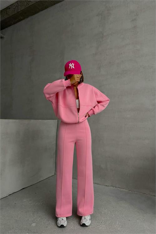 XXL Butik kadın şardonlu üç iplik eşofman takımı GTS018 - Pembe 