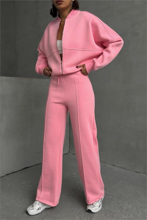 XXL Butik kadın şardonlu üç iplik eşofman takımı GTS018 - Pembe 