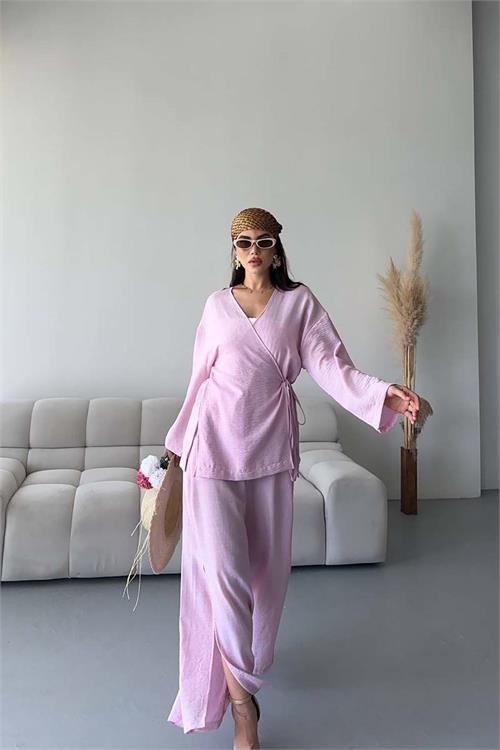 Kadın Pudra Keten Kumaş Yan Bağlamalı Takım ESR087 