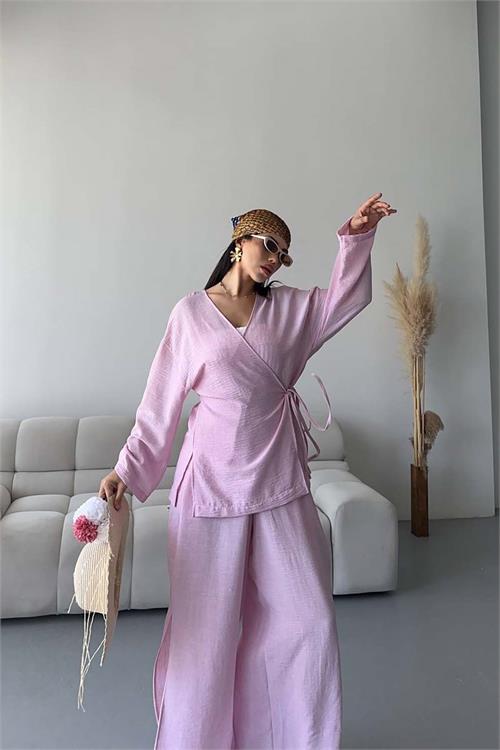 Kadın Pudra Keten Kumaş Yan Bağlamalı Takım ESR087 