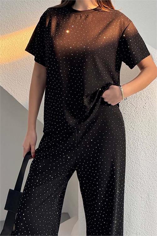 Kadın Siyah Modal Kumaş Taş Detaylı Pantolon Tişört Takım ESR044 