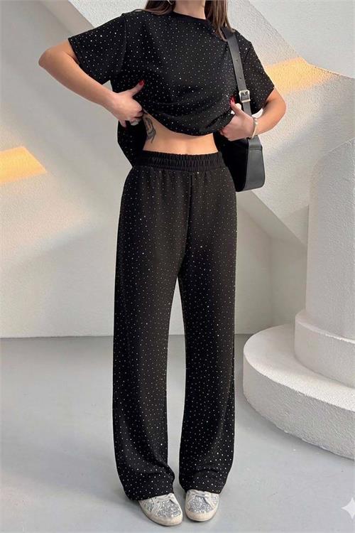 Kadın Siyah Modal Kumaş Taş Detaylı Pantolon Tişört Takım ESR044 