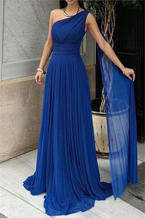 Kadın Saks Mavisi Tek Omuz Simli Kumaş Işıltılı Maxi Abiye Elbise ESR030 