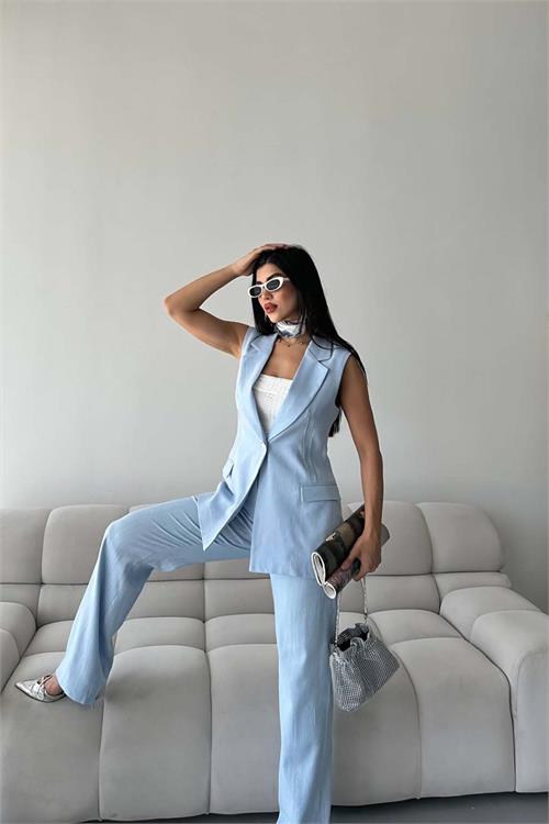 Kadın Mavi Keten Kumaş Yelek Pantolon Takım ESR086 