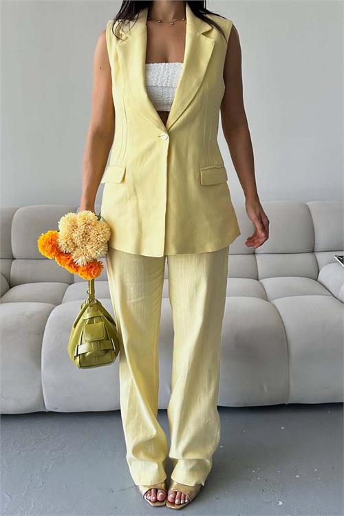 Kadın Sarı Keten Kumaş Yelek Pantolon Takım ESR086 