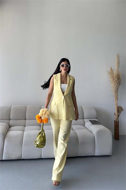 Kadın Sarı Keten Kumaş Yelek Pantolon Takım ESR086 