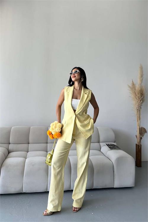 Kadın Sarı Keten Kumaş Yelek Pantolon Takım ESR086 