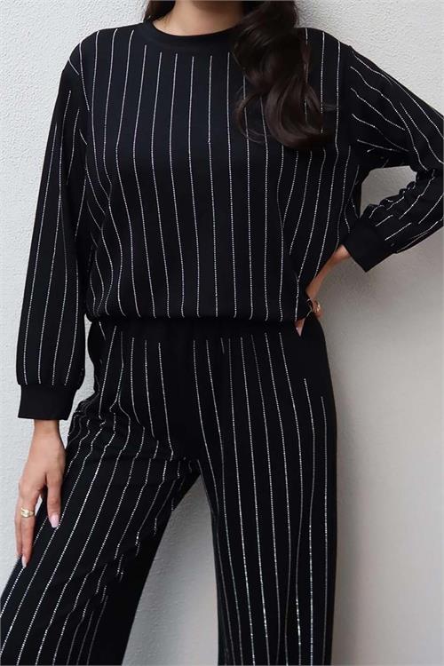 Kadın Siyah Taş Detaylı Işıltılı İkili Takım – Sweat & Pantolon ESR015 