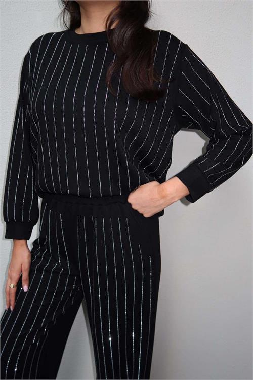 Kadın Siyah Taş Detaylı Işıltılı İkili Takım – Sweat & Pantolon ESR015 