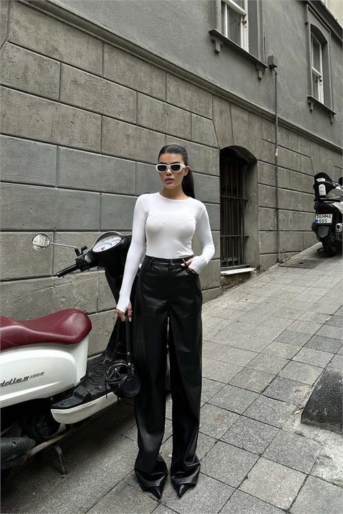 Kadın Siyah Yüksek Bel Deri Bol Paça Pantolon ESR009 