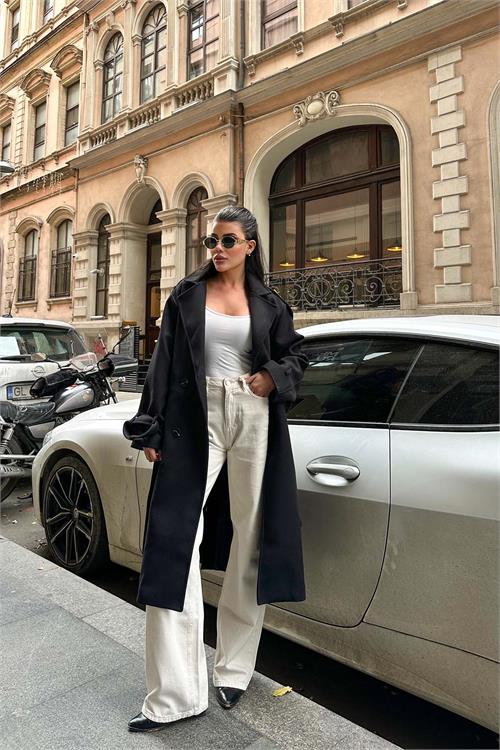 Kadın Siyah Kuşaklı Rahat Kalıp Astarlı Kaban | Şık Model ESR002 