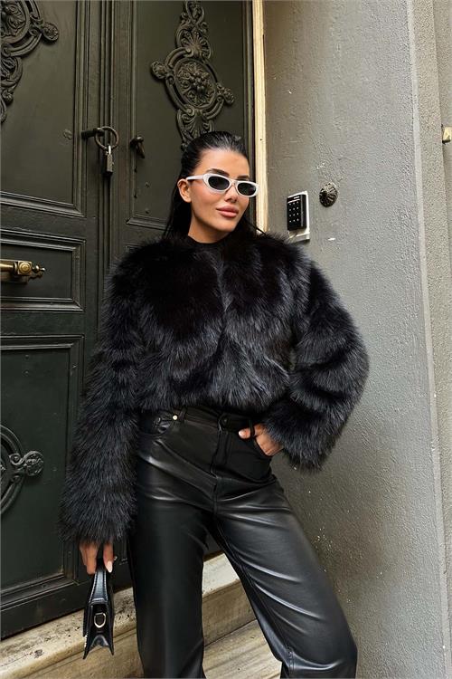 Kadın Siyah Yumuşak Dokulu Kısa Kürk Mont ESR008 