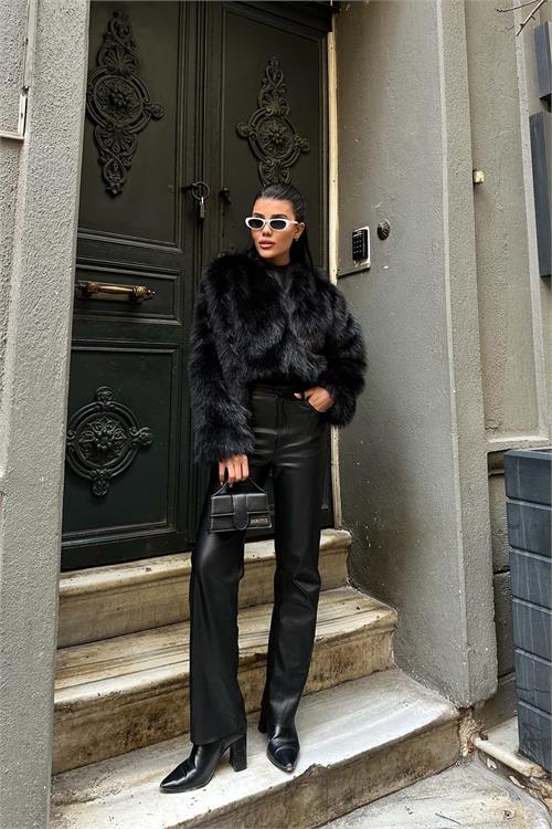 Kadın Siyah Yumuşak Dokulu Kısa Kürk Mont ESR008 