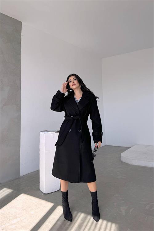 XXL Butik kadın siyah ithal kumaş kaşe kaban X-NBMYLK26