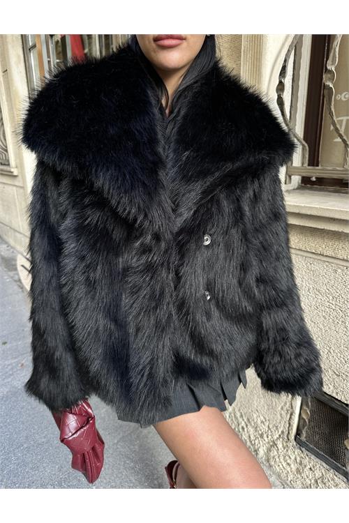 Kadın Siyah Oversize Suni Kürk Çıt Çıtlı Astarlı Kaban ESR003 