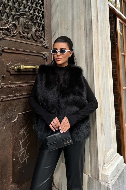 Kadın Siyah Oversize Peluş Kürk Yelek Astarlı Kışlık Yelek ESR010 