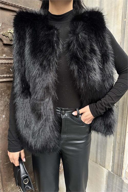 Kadın Siyah Oversize Peluş Kürk Yelek Astarlı Kışlık Yelek ESR010 