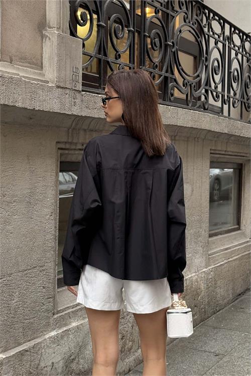 Kadın Siyah Oversize Gömlek Uzun Kollu Tasarım Model ESR078