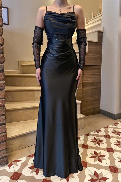 Kadın Siyah Saten Uzun Abiye Elbise Eldivenli Balık Model ESR035 