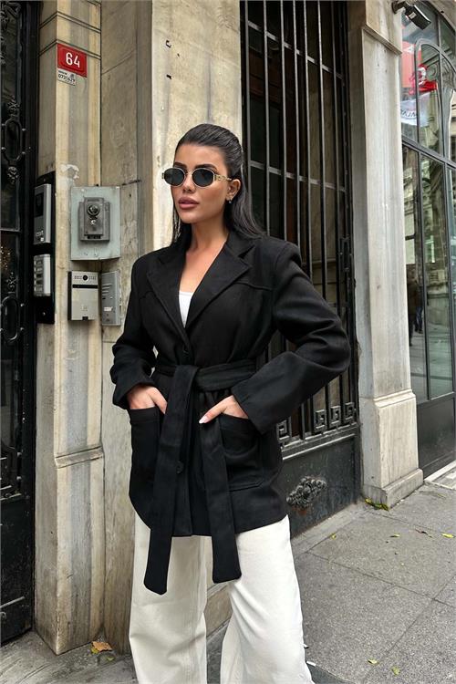 Kadın Siyah Süet Kemerli Kadın Ceket ESR011 