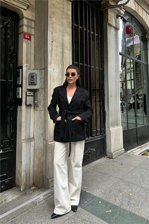 Kadın Siyah Süet Kemerli Kadın Ceket ESR011 