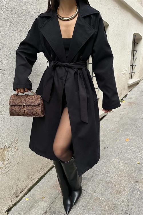 Kadın Siyah Astarlı Oversize Kemerli Trençkot ESR012 