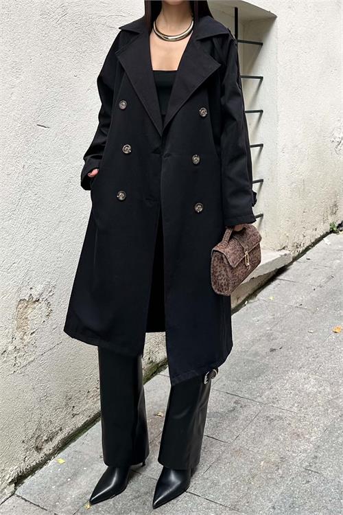 Kadın Siyah Astarlı Oversize Kemerli Trençkot ESR012 