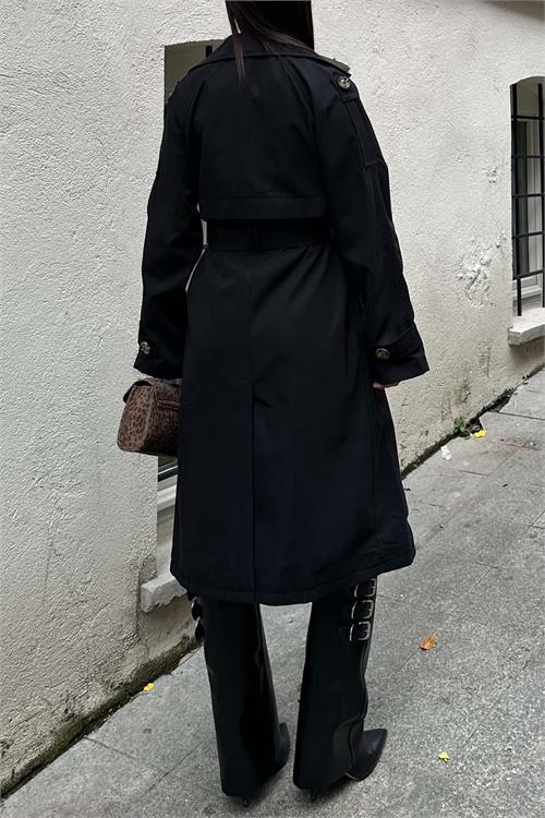 Kadın Siyah Astarlı Oversize Kemerli Trençkot ESR012 